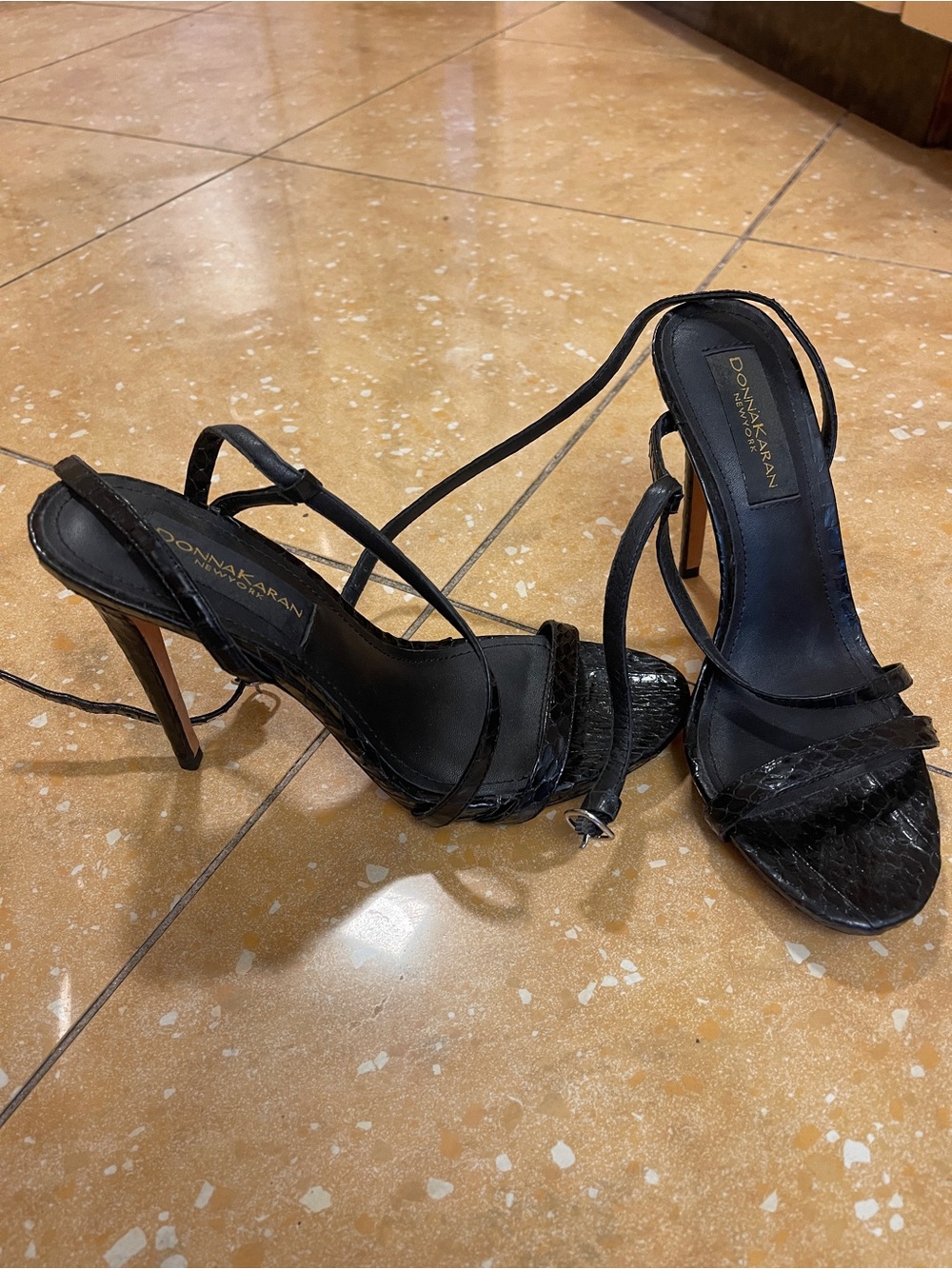 Donna Karan Black Leather Strappy Stiletto Sandals